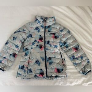 Girls Patagonia Light Blue Floral Puffer Jacket, Pink & Navy Accents size 7/8